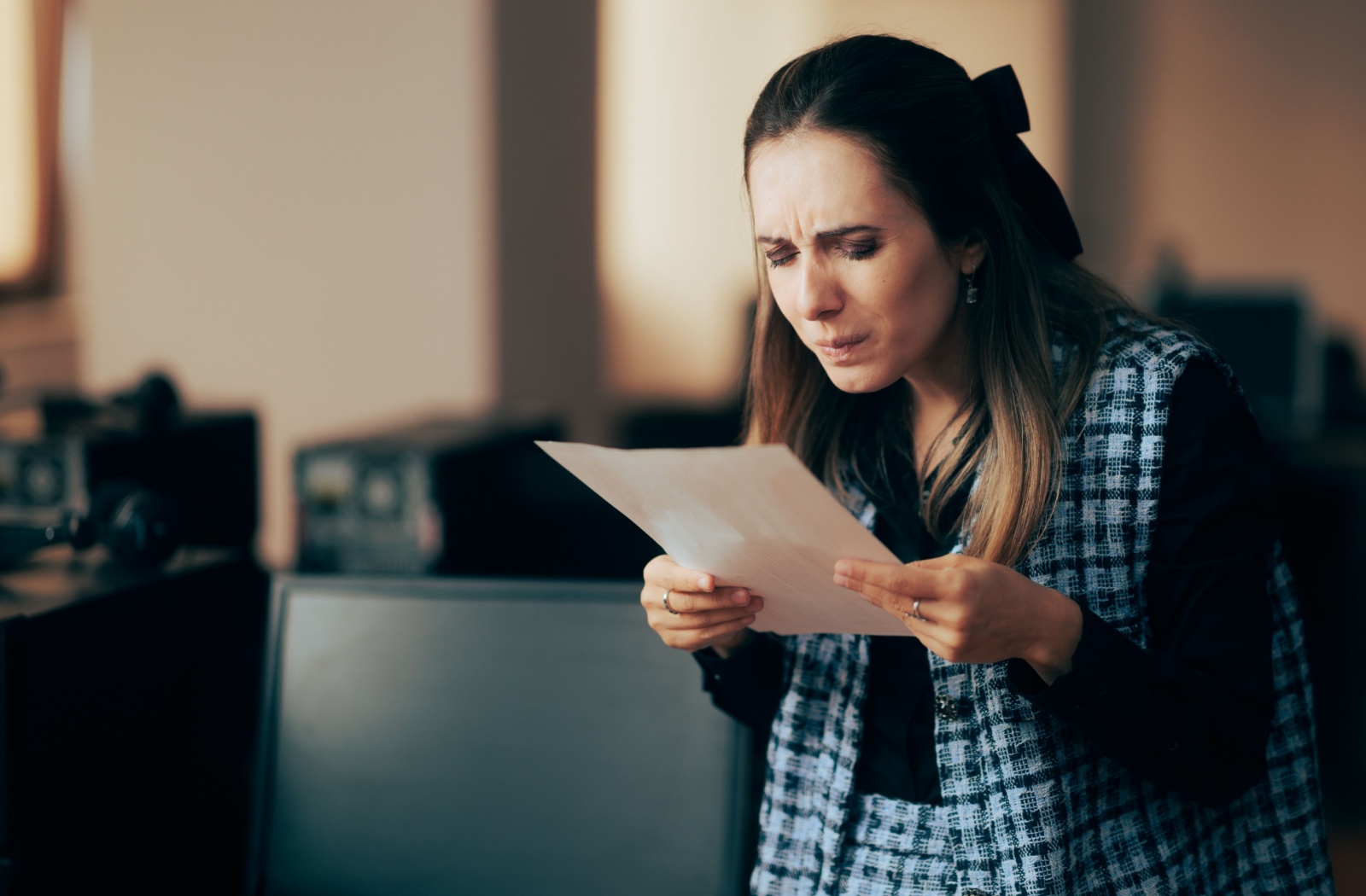 A business person hunches over and squints while trying to read a printed file for their job