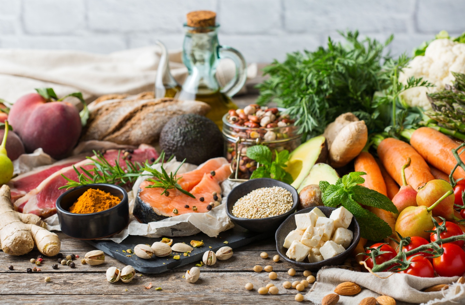 A colourful selection of healthy foods that support good vision and eye health.