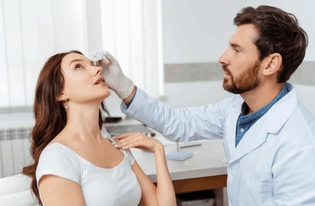 A professional applies eye drops to a patient during an eye exam in a clinical setting.