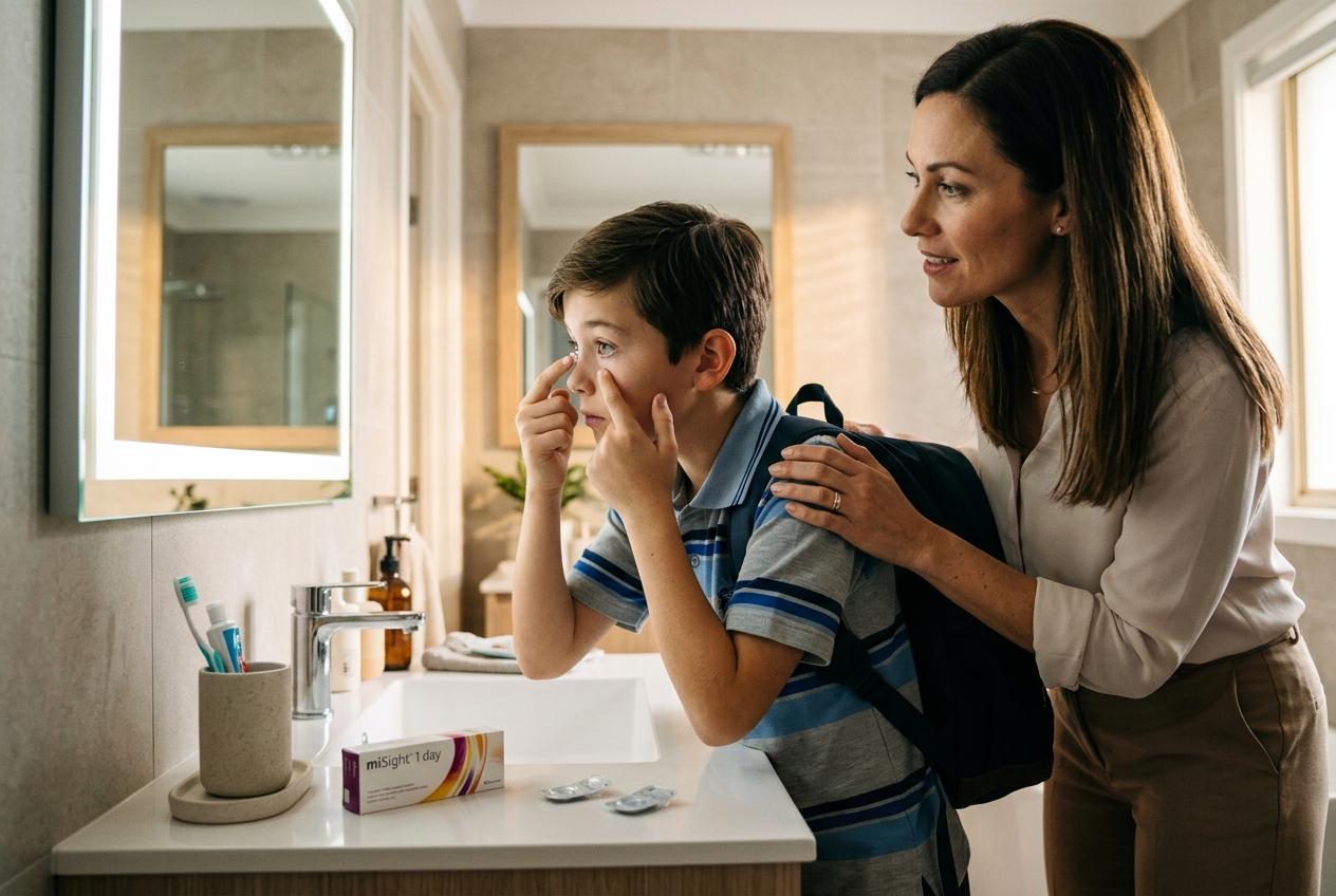 A boy inserts a contact lens at a bathroom mirror while a smiling woman rests her hand on his backpack. A miSight 1 day box sits on the counter.