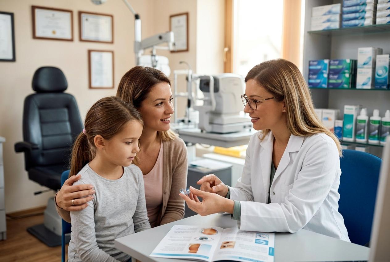 Optometrist holding a contact lens and consulting with a woman and young girl at a desk in an eye exam room.