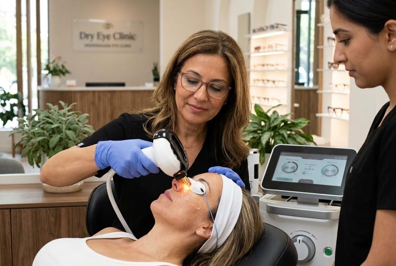 Clinician performs light therapy on a reclining patient's face at a Dry Eye Clinic while an assistant watches nearby.