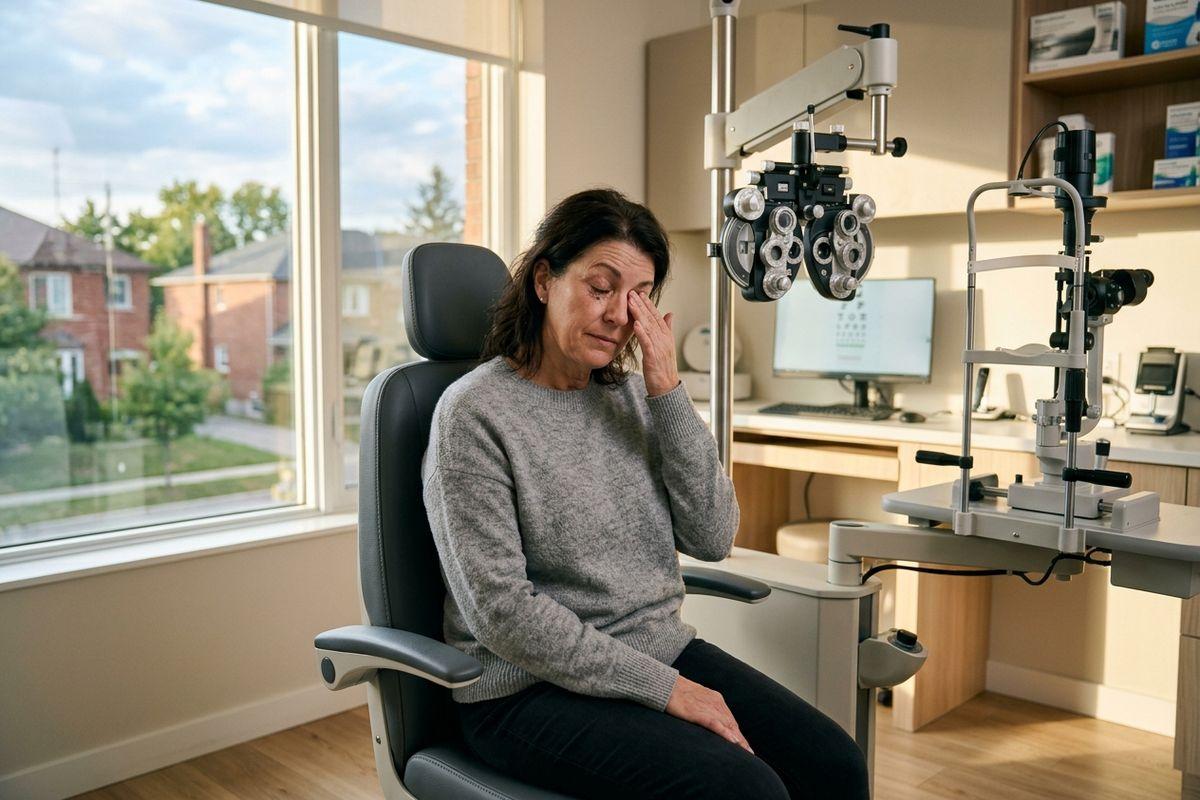 Person rubbing one eye while seated in an optometrist's exam chair beside a phoropter and eye chart.