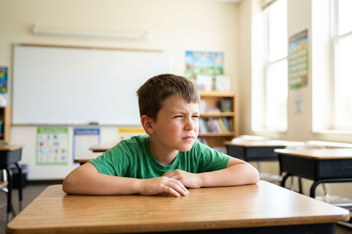 Child in a green T-shirt sits at a classroom desk with arms folded, squinting into the distance near a whiteboard and window.
