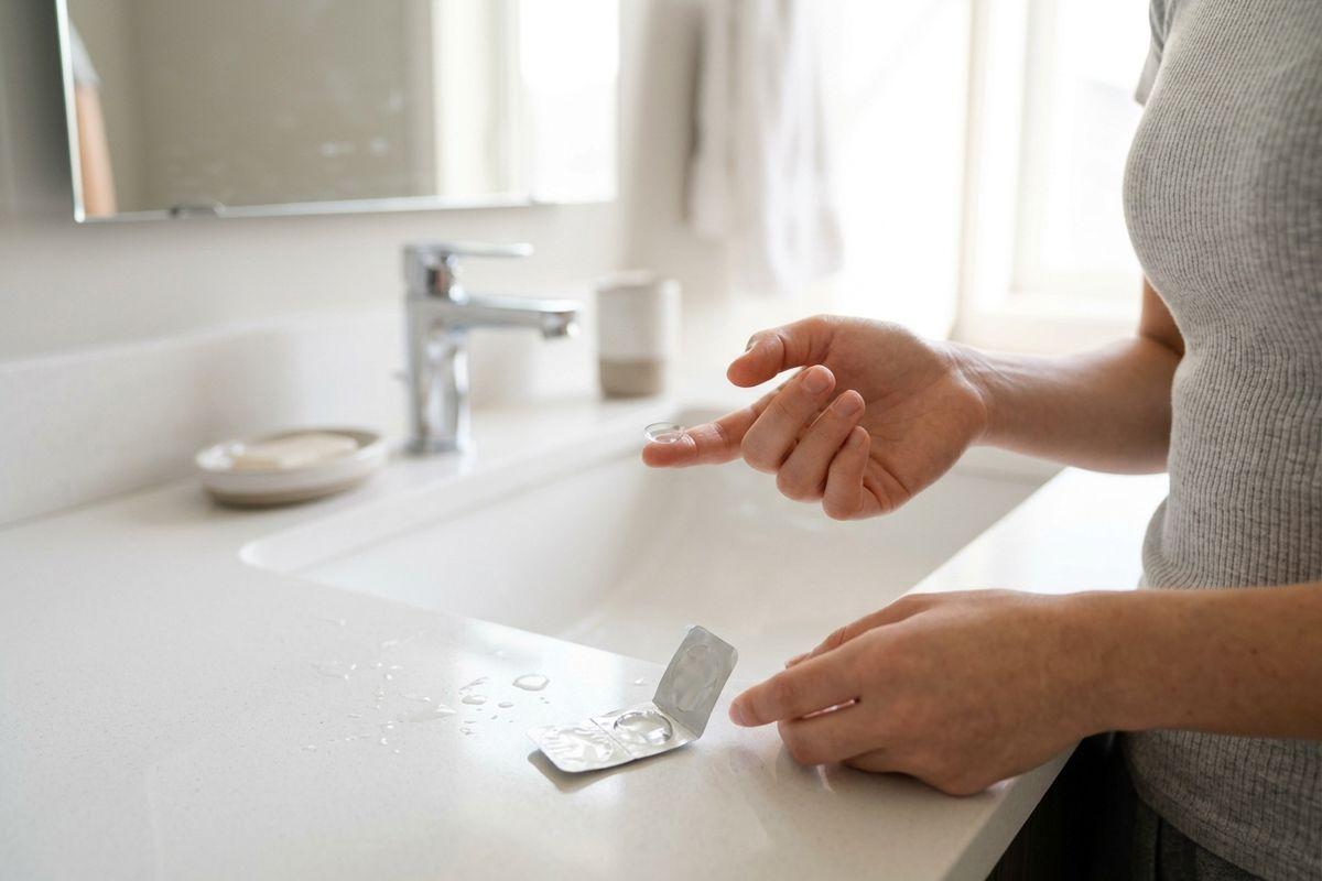 Person at a bathroom sink holding a contact lens on a fingertip, with opened lens blister packs on the white countertop.